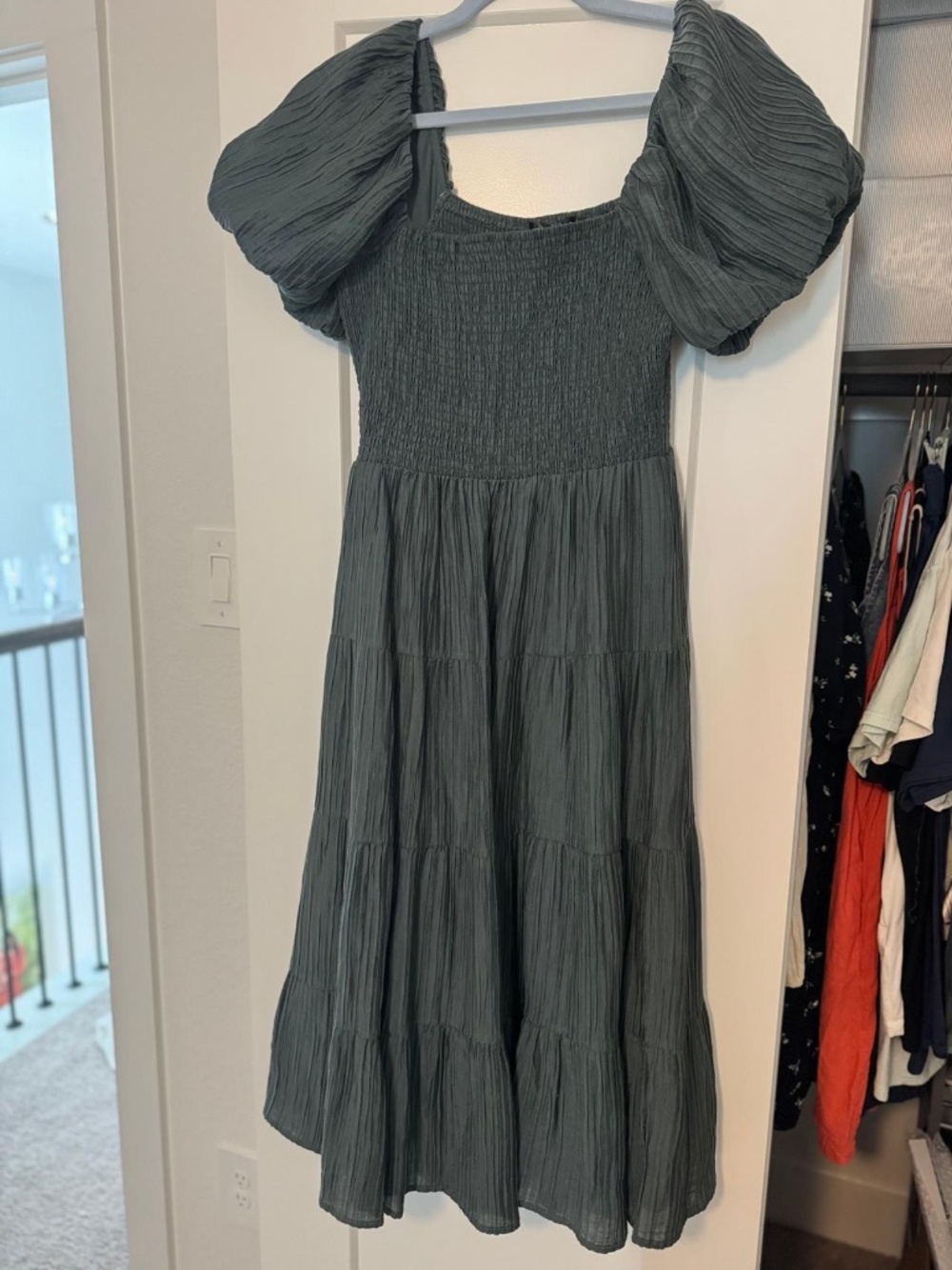 Green Puff Sleeve Midi Dress